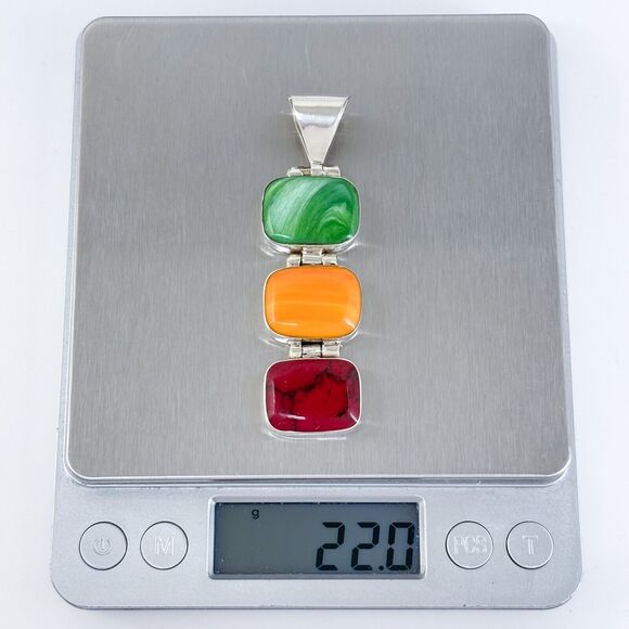 Vintage Mexico Sterling Silver 925 Spiny Oyster, Jasper, and Shell Pendant - Picture 9 of 9